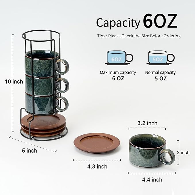 LUKA 6 Ounce Porcelain Stackable Espresso Cups with Saucers and Metal Stand Set of 4, Ceramic Cappuccino Cups Set for Specialty Coffee Drinks, Latte, Cafe Mocha and Tea, Reactive Dark Green