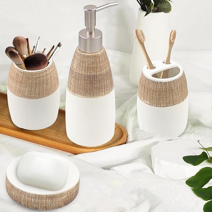 CERBIOR Bathroom Accessories Set,4 Pcs Ceramic Bathroom Decor Accessory,Includes Toothbrush Holder, Toothbrush Cup, Soap Dish for Decorative Countertop and Housewarming Gift, (Brown White)