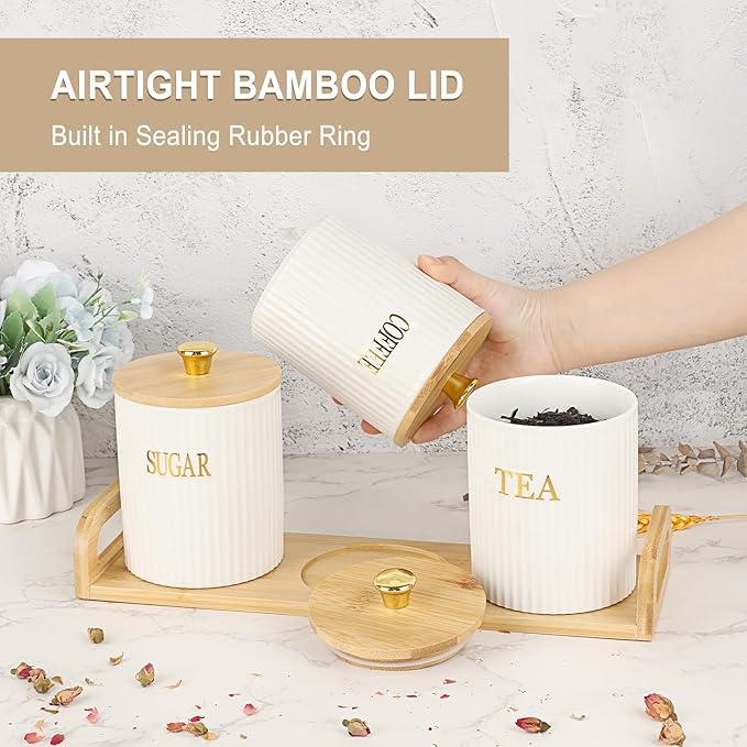 3 Pack Ceramic Canister Set with Bamboo Lids and Handle Tray, Coffee Tea Sugar Container Set, White Ceramic Storage Jar Kitchen Canister for Countertop, White-Style 2