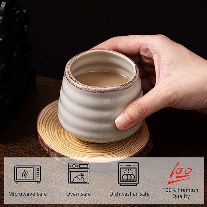 4pcs Japanese Tea Cup Set – 160ml 5.4OZ Ceramic Matcha Cup, Small Handless Espresso Cups, Cute Coffee Mugs for Valentine (Retro Grey)