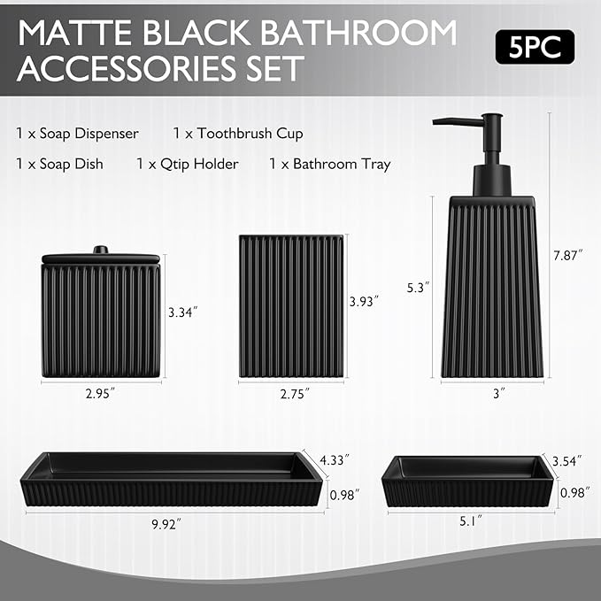 Bathroom Set - Black Bathroom Accessories Set, 5PCS Ceramic Bathroom Accessory Set, Bathroom Sets with Soap Dispenser, Toothbrush Tumbler, Soap Dish, Q-tip Holder & Vanity Tray