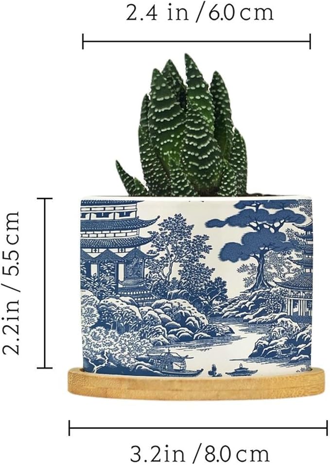 Planters Ceramic Chinoiserie Blue And White Porcelain Pattern Ceramic Pots with Drainage Holes Round Flowerpot Bamboo Tray Plant Pots for Succuelnt And Little Snake Plants Pots for Nana Grandma