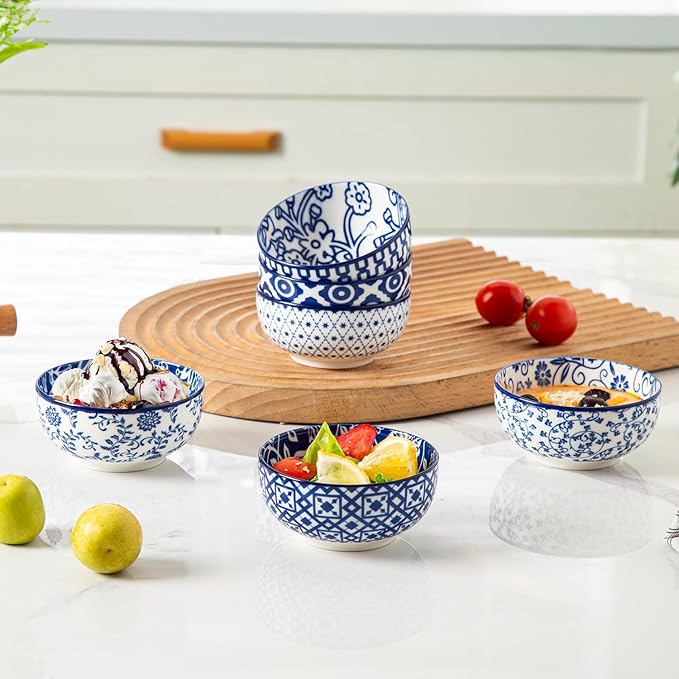 Ceramic Dipping Bowls Set - Mini 4 Oz Dessert Bowls Set - Small 3.5 Inch Porcelain Bowls for Side Dishes, Snack, Appetizer, Yogurt - Microwave Dishwasher Safe - Set of 6 - Vintage Blue