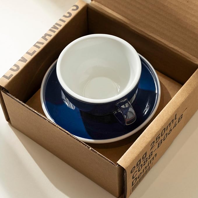 Loveramics Cappuccino Cup with Saucer, 8 oz Ceramic Coffee cup with Round Bottom for Cappuccino, Latte, Tea, Espresso, Thick-walled Stoneware Cup Set for Barista - Regular Colours (Denim, 8OZ)