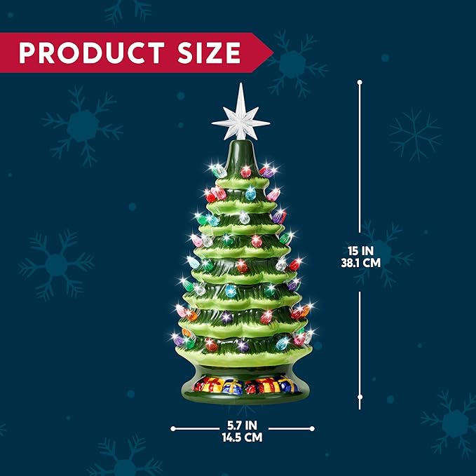 Joiedomi 15" Tabletop Prelit Ceramic Christmas Tree with 70 Multicolor Lights, Hand-Painted Ceramic Tabletop Christmas Tree with Extra Clear Top Star for Xmas Holiday Indoor Decorations