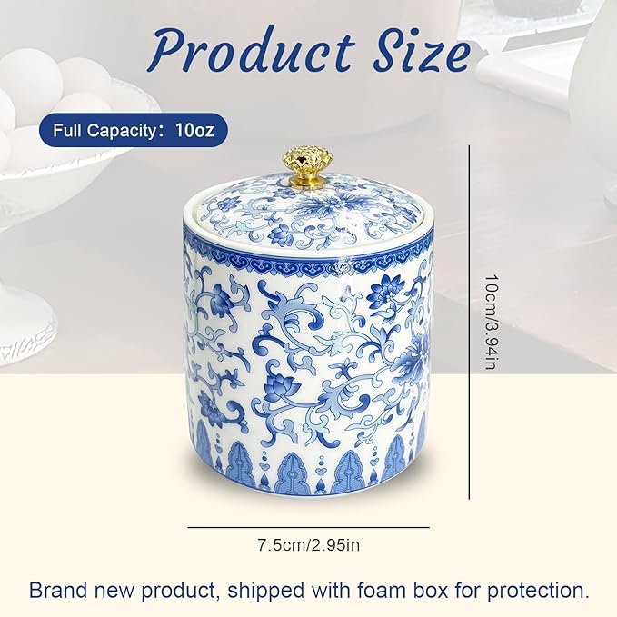 Vintage Blue and White Salt Cellar with Lid - Airtight Ceramic Spice Jar, Kitchen Countertop Storage Container for Salt, Pepper & Seasonings
