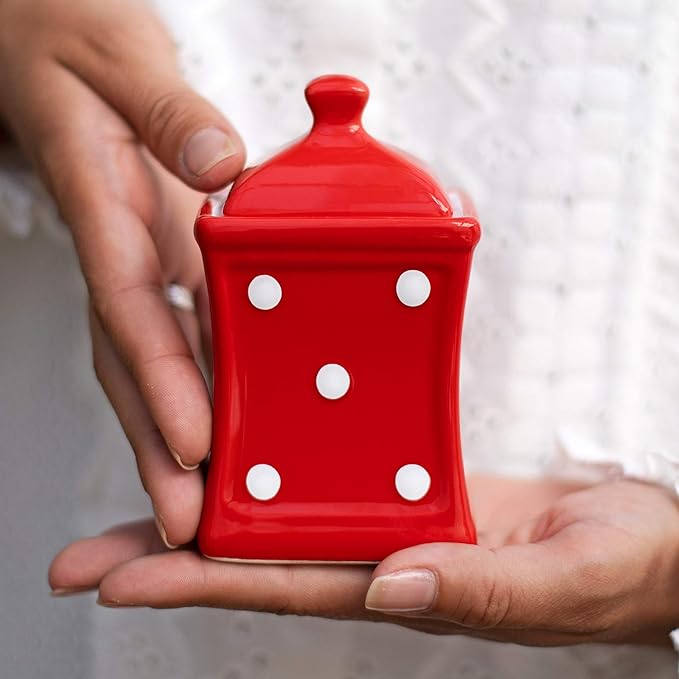 City to Cottage Handmade Small 5.3oz/150ml Ceramic Kitchen Herb, Spice, Storage Jar with Lid, Pottery Canister, Housewarming Gift (Red Polka Dot)