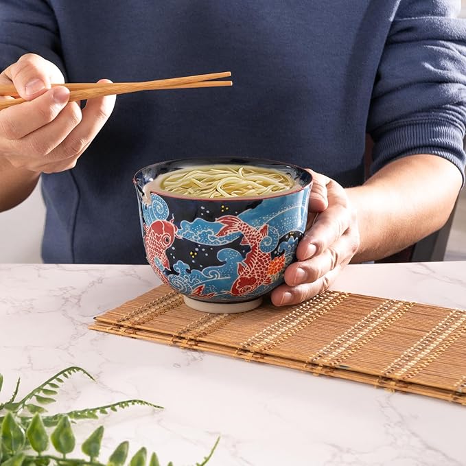 Urban Tokyo Handpainted Ceramic Glazed Japanese Ramen Udon Noodle Rice Bowl With Chopsticks 20 fl oz 5 inch Diameter Bowl Sets Color Box Packaging (Japanese Koi Fish)
