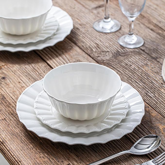 HOMBENE Dessert Plates 8 Inches Set for 6 Ceramic Serving Plates,plates for Cake Waffles,Wavy Style, Snacks, Pasta, Noodle, Dinner, Microwave & Dishwasher Safe (White)