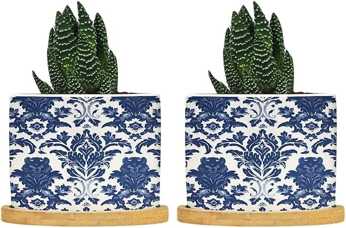 Blue Regalia Lion Ceramic Planters Chinoiserie Geometric Print Flower Pots for Indoor Plants with Drainage Holes and Saucers Pot for Outdoor Garden Home Plant