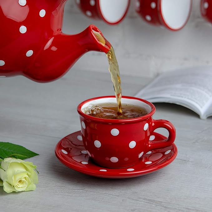 City to Cottage Handmade Red and White Polka Dot Ceramic 8.4oz/250ml | Cappuccino, Coffee, Tea Cup and Saucer, Unique Designer Pottery for Tea Lovers