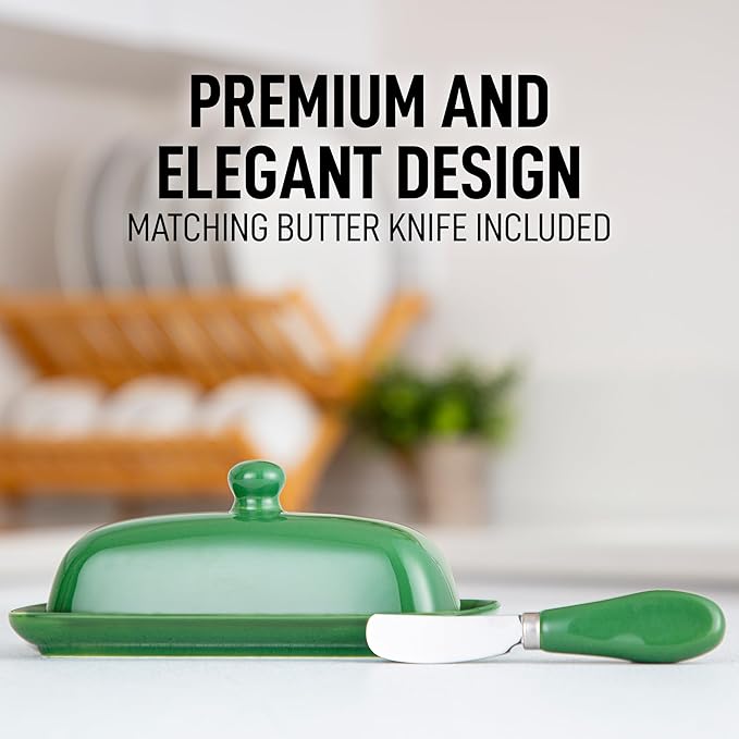 Zulay Butter Dish With Lid For Countertop - Porcelain Jade, Ceramic Butter Dish with Knob Handle Great for Cooking - Elegant Design Butter Holder - Durable & Sturdy Butter Keeper - Jade