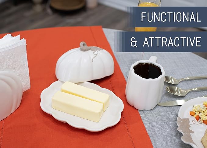Nat & Jules Pumpkin Shaped 8 x 6 Inch Ceramic Scalloped Covered Lid Butter Dish: Perfect for decorating table settings for Thanksgiving, Halloween & Indoor Fall Décor, White