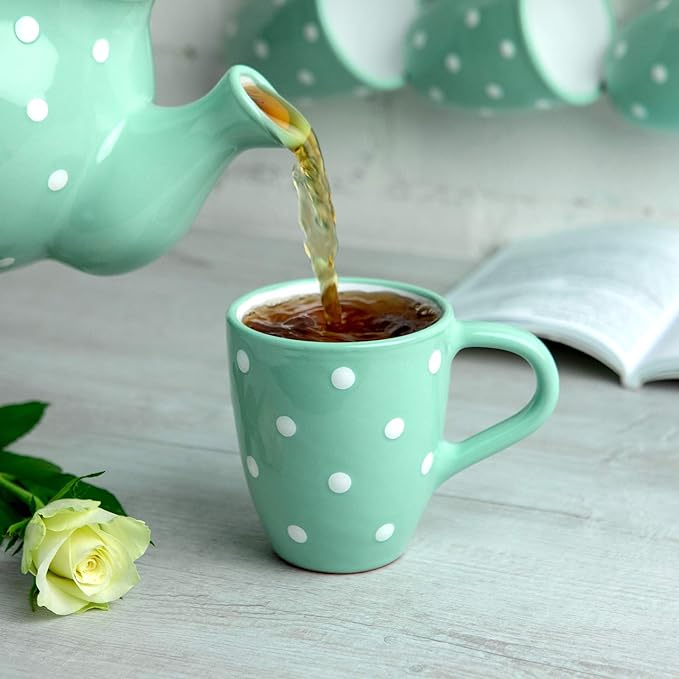 City to Cottage Ceramic Cappuccino Mug with Large Handle, 10oz Coffee Mug for Latte Hot Chocholate Tea, Daily Morning Dring at Home Office Work, Christmas Housewarming Gift Turquoise Blue Polka Dot