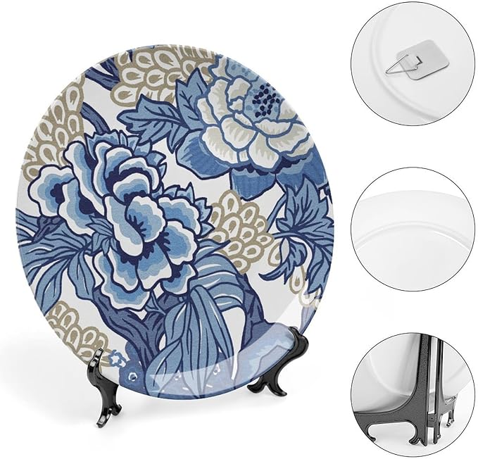 Fashion Plates Blue And Tan Peony Chinoiserie Floral Customize Decor for Wall Festival Club Wedding Hand-Painted Ceramic Decorative Plates with Vertical Stand, Multi Sizes, Gifts for Men Women