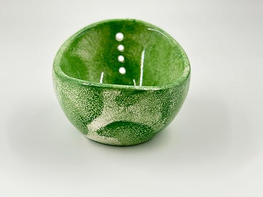 Ceramic Herb Stripper Bowl with Multi-Size Holes, Handmade Kitchen Tool, White (Green)
