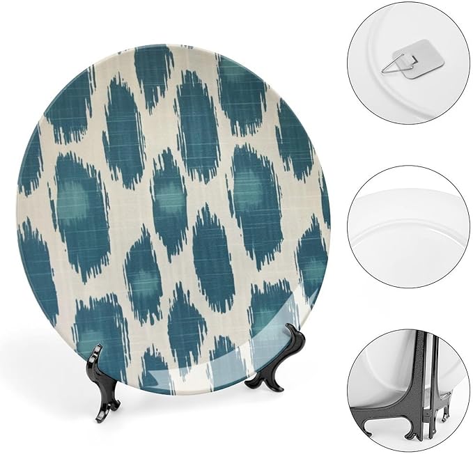 Vintage Plates Blue Ikat Customize Decor for Kitchen Art Decoration Home Wall Ceramic Craft for Decorative Ornaments 1 Plate with 1 Display Stand, Multi Sizes by Choosing, Gifts for Men Women