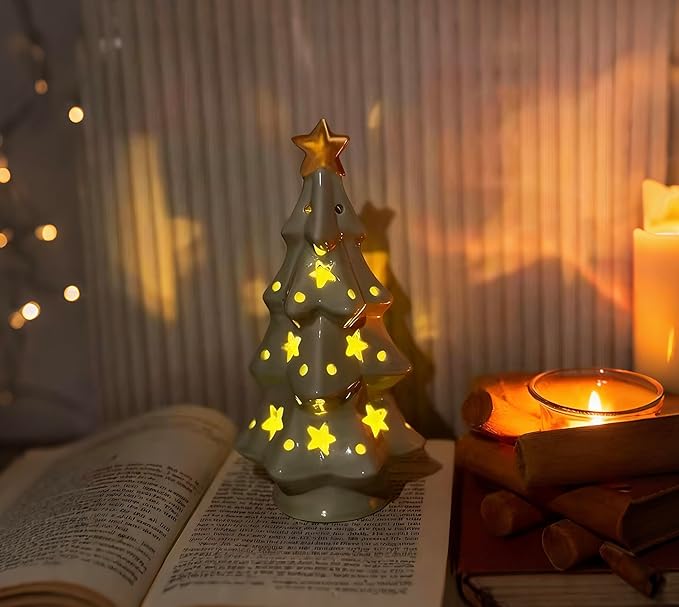 Ceramic Christmas Tree with Lights, Star-Shaped Hollowed-Out Design Tabletop Holiday Tree, Star Topper, Christmas Decor(7in)