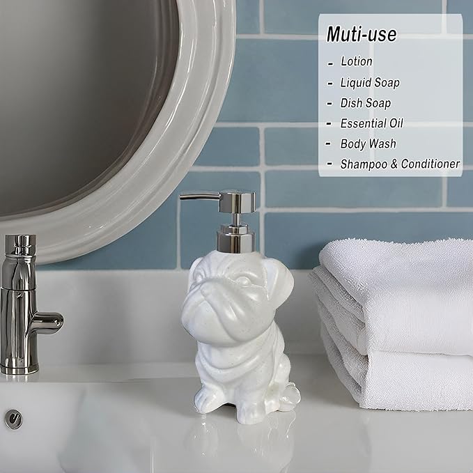 Dog Soap Dispenser, Caahanjia White Ceramic Lotion Dispenser, Funny Ceramic Lotion Dispenser, 15Oz Lotion Liquid Dispenser for Bathroom Kitchen Sink (White Dog)