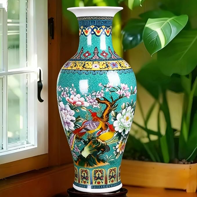 14" Jingdezhen Large Fishtail Ceramic Vase Golden Handmade Home Decorative Vase, Modern Luxury Accent for Living Room, Wedding, or Gift. Elegant Floral Arrangement Centerpiece. (Green)