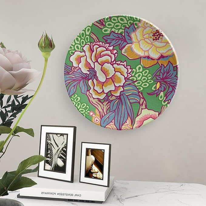 Green And Yellow Chinoiserie Peony Floral Vintage Plates, Asian Colorful Peony Customize Ceramic Salad Plates for Kitchen Wall Decor, with Vertical Stand Art Decorations for Home Household