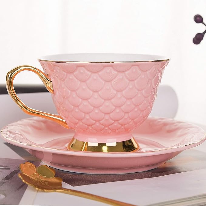 VanEnjoy Pink Vintage 8 Ounces Porcelain Coffee Cup,Tea Cup and Saucer Set and Saucer with Decorative Scale Pattern, Vintage
