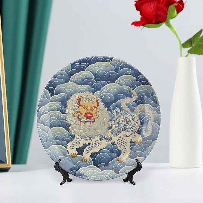 Blue Tibet Tiger Plates Ceramic, Custom Wall Hanging Decorative Plate for Festival Wedding Farmhouse Decor, 1 Plate with 1 Display Stand Art Decorations for Wall Office