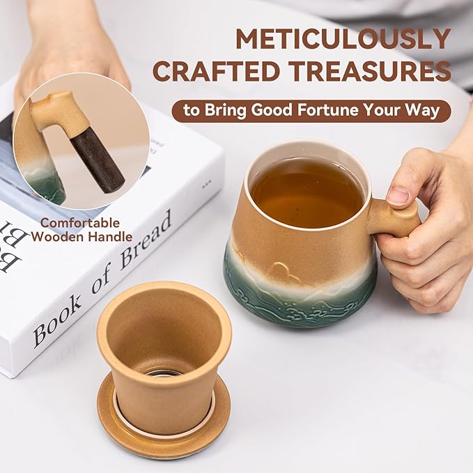 Ceramic Tea Mug with Infuser & Lid, 15oz Kiln-Transformed Unique Cup – Nature's Artisan Design, Loose Leaf Tea Cup with Infuser, Insulated Ceramic Coffee Mugs with Lid, Gift for Women/Men