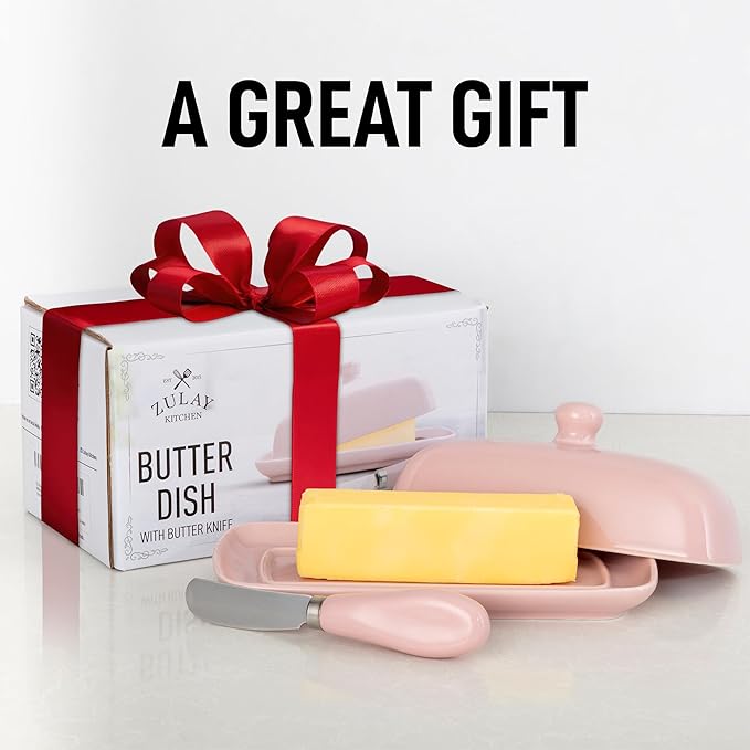 Zulay Butter Dish With Lid For Countertop - Porcelain Pink, Ceramic Butter Dish with Knob Handle Great for Cooking - Elegant Design Butter Holder - Durable & Sturdy Butter Keeper - Pink