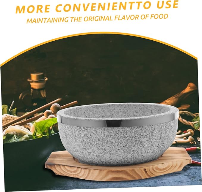 1set Korean Stone Pot - Natural Stone Bowl for Authentic Dishes No Coating Wood Base for Bibimbap Soup and Stews