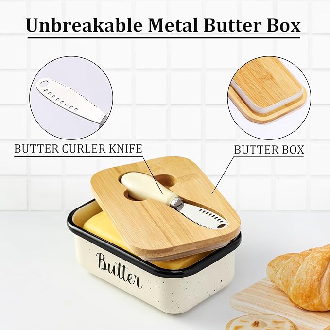 LANDNEOO Butter Dish with Lid and Butter Curler Knife, Unbreakable Metal Keeper Container Double Silicone Sealing, Speckled White, 6.2'L x 4.2' W x 2.2' H, 2 Sticks Capacity, Stainless Steel, Bamboo
