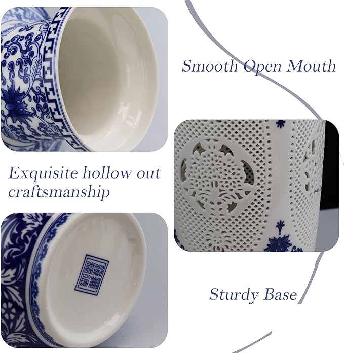 Blue White Flower Vase - 11.42 Inch Hollow Out Ceramic Vase, Vintage Chinese Style Home Decor, Handcrafted Blue White Porcelain Centerpiece for Living Room Table Shelf (Blue and White)