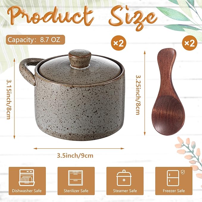 Honeydak Speckled Ceramic Salt Cellar with Lid and Wooden Spoon, Rustic Farmhouse Salt Pepper Cellar Holder for Valentines Day,Housewarming Gift, Heavyweight Spices Jar(Light Gray,2 Set)