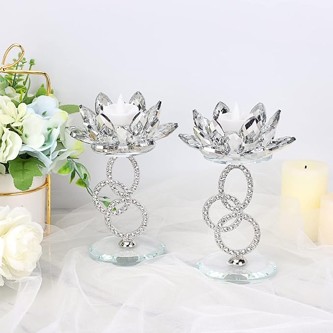 OwnMy Set of 2 Crystal Lotus Flower Candlestick Holders Metal Glass Lotus Pillar Candle Holders, Silver Crystal Lotus Votive Candlesticks Tealight Candle Stands for Wedding Table Centerpiece, 6.1" H