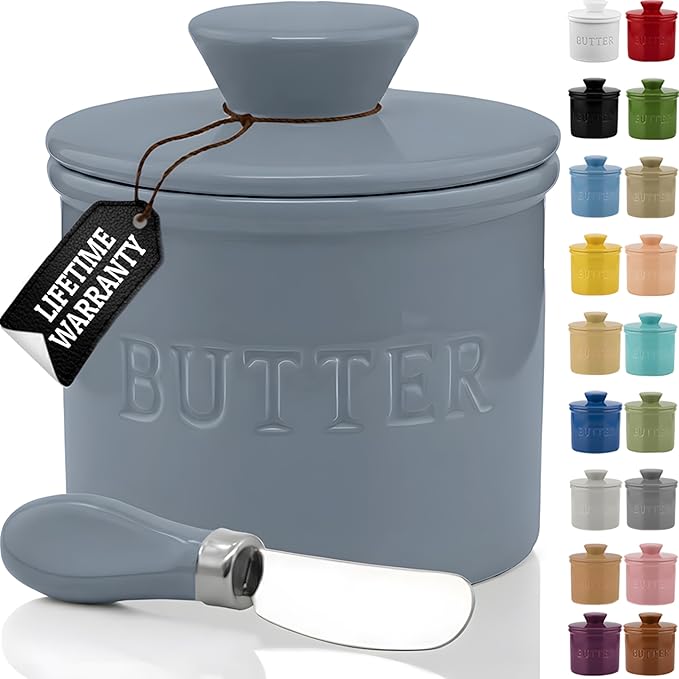 PriorityChef Butter Crock with Lid with Water Line, Ceramic French Butter Dish to Leave On Counter, Light Grey