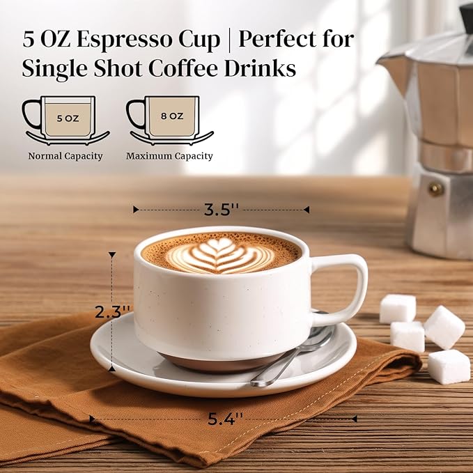 DOWAN 5oz Coffee Cups and Espresso Cups, Stackable Coffee Cup and Saucer Set of 4, Ceramic Tea Cup Set for Latte and Tea