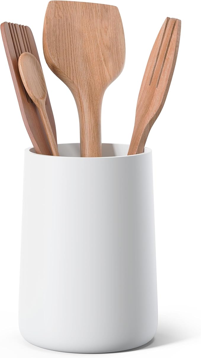 Utensil Holder – 7" Tall x 5.2" Diameter Kitchen Utensil Organizer for Countertop (Matte White, 1 Pack)