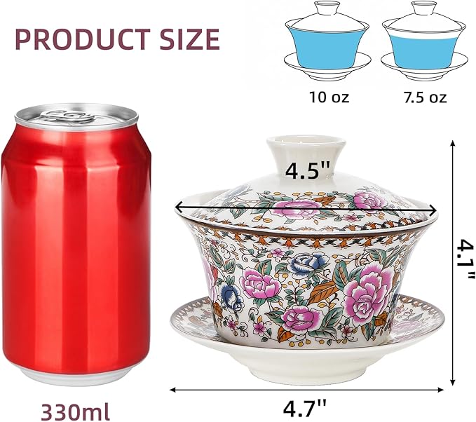 Set of 3 Gaiwan Chinese Tea Cup, 10 Oz Large Porcelain Tea Cup with Lid and Saucer, Traditional Handmade Kungfu Tea Bowl Set for Home Decor Kitchen Coffee, Flower Pattern