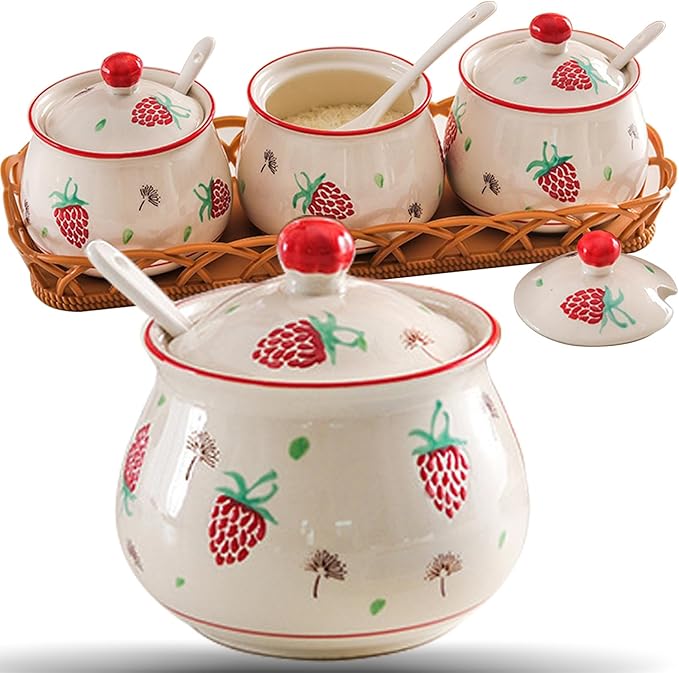 Kitchen Ceramic Condiment Jars with Lids and Spoons, 3 Piece Kitchen Ceramic Seasoning Jar Set for Salt Spice Suger Pepper, Sugar Coffee Tea Container Pot with Serving Tray - Red Strawberry
