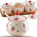 Kitchen Ceramic Condiment Jars with Lids and Spoons, 3 Piece Kitchen Ceramic Seasoning Jar Set for Salt Spice Suger Pepper, Sugar Coffee Tea Container Pot with Serving Tray - Red Strawberry