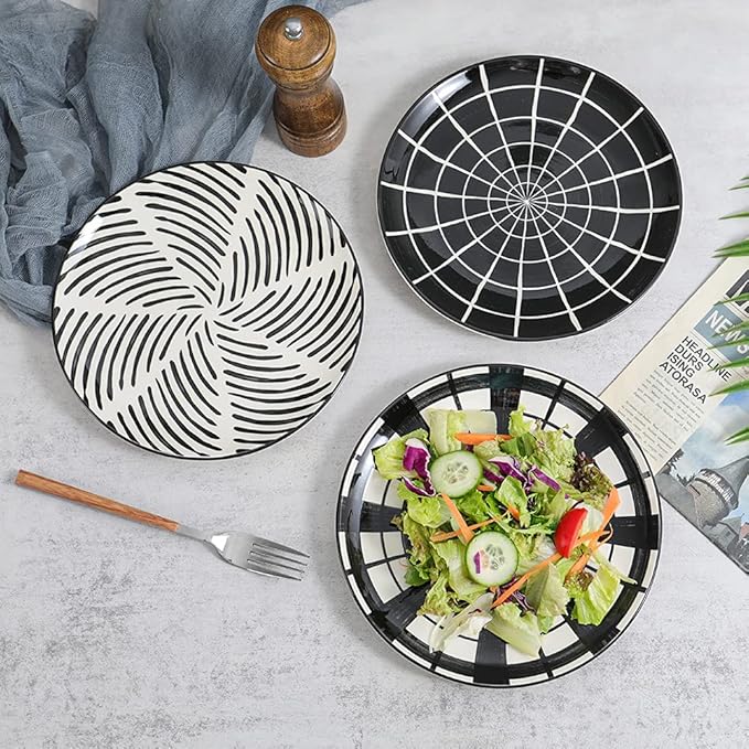 Ceramic Dessert Plates 8 Inch - Salad Appetizer Plate Set of 6 - Modern Japanese Style - Dishwasher and Microwave Safe - Black and White
