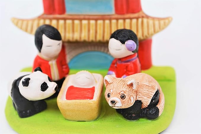 Chinese "A" Nativity Scene - Handmade in Clay - 1 block - 3.8"X2.2"X2.9" high, China, Pagoda, Panda Bear