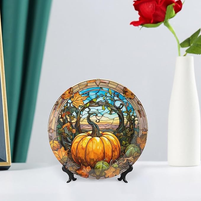 Decorative Plates, Fall Maple & Pumpkin Stained Glass Design Ceramic Dinner Plate Home Wobble-Plate with Display Stand, Wall Hanging Decor for Kitchen Household 6 Inch, Gifts for Thanksgiving
