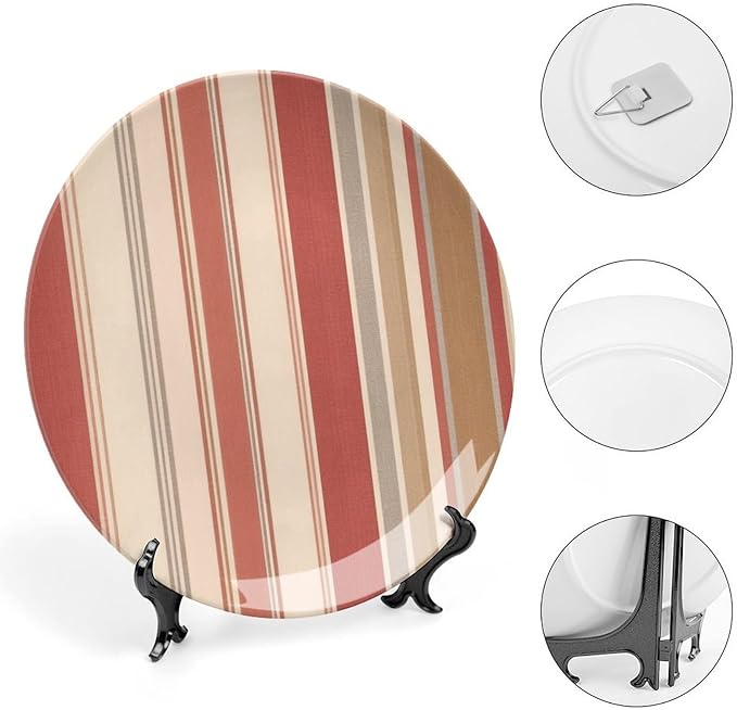 Home Decorations China Plates, Thibaut Coral Orange And White Stripes Customize Christmas Gifts Ceramic Dinner Plates for Table Housewarming Gifts Farmhouse Decor, with Vertical Stand
