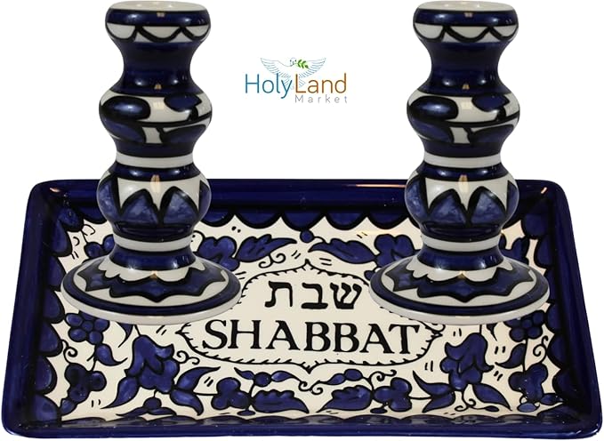 Holy Land Market Shabbat Candlesticks Set - Colorful Ceramic Shabbat Candle Holders Set with Matching Plate for Holidays, Blue