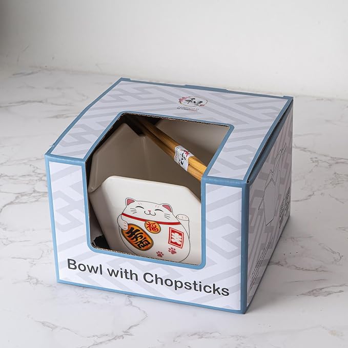 Urban Tokyo Chinese Takeout Box Style Porcelain Bowl With Chopsticks 18 fl oz Square Shape Rice Noodles Pasta To Go Box Shaped Bowl Microwave Dishwasher Safe (Lucky Cat)