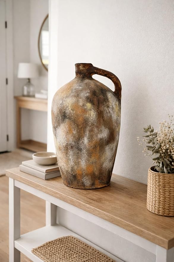 Zorvia Handcrafted 11-Inch Terracotta Jug Vase with Handle – Naturally Pigmented Rustic Earthen Clay Decorative Pot, Artisan Pottery Accent for Farmhouse, Living Room, Bedroom, Shelf & Table Décor