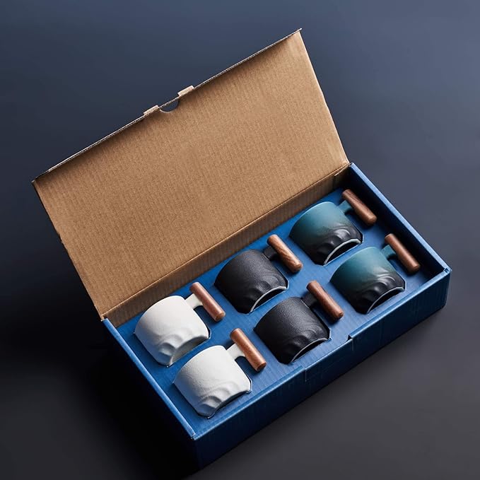 Ceramic Espresso Cups with Wooden Handle Espresso Shot Cups Ceramic Tea Cups Porcelain Demitasse Cups for Coffee or Tea, 2oz (Black-Blue-White, 6)