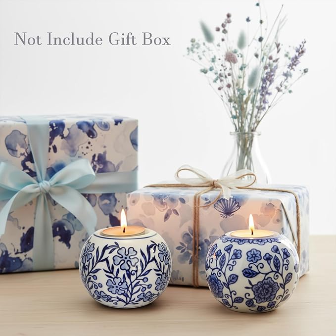 Okllen Set of 4 Blue and White Decor Ceramic Tealight Holders, Chinoiserie Decor Votive Candle Holders for Wedding Party Centerpiece, Holiday Home Table Decor, 1.8" Dx2.75 H