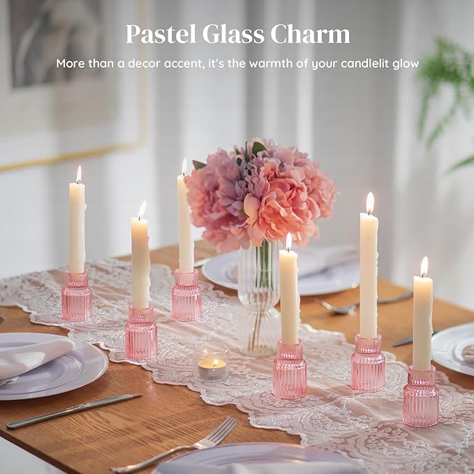 Glasseam Glass Tapered Candlestick Holders: 20 Pcs Ribbed Pink Candle Sticks Holder Decor Modern Fluted Taper Candle Holders Bulk for Table Centerpiece Pink Wedding Decor Valentine Dinner Parties
